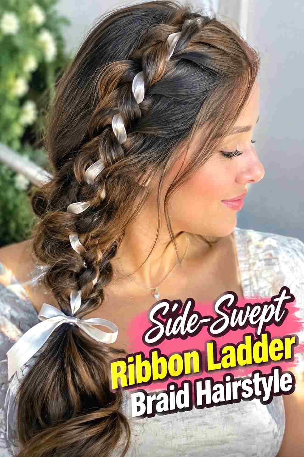 4. Side Swept Ribbon Ladder Braid Hairstyle