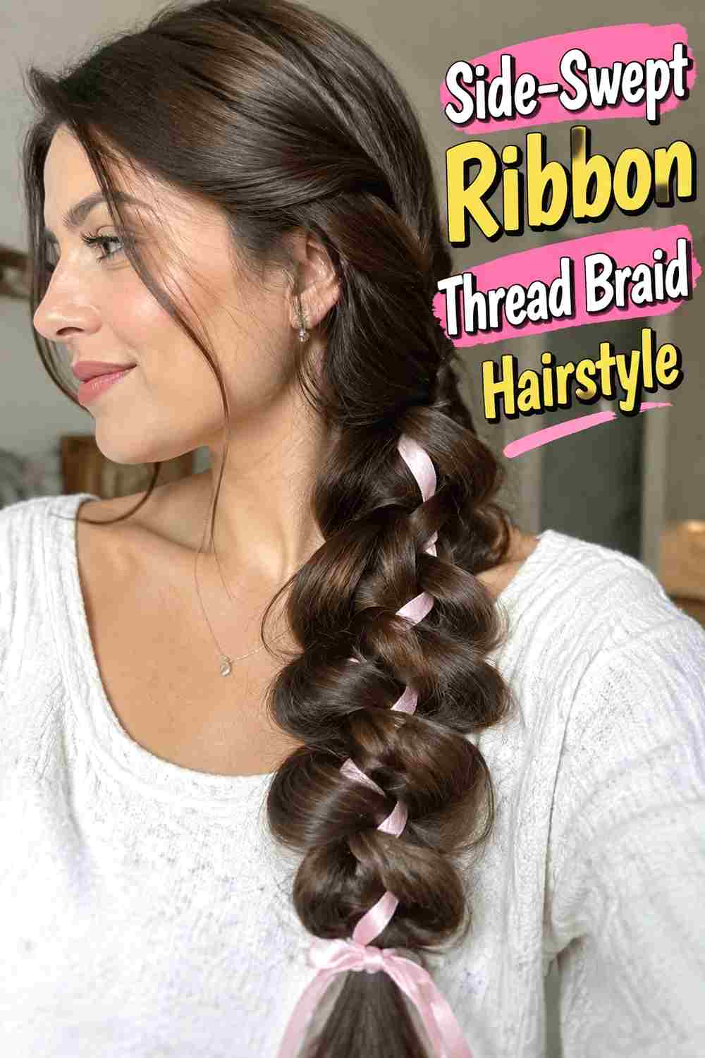 5. Side Swept Ribbon Thread Braid Hairstyle
