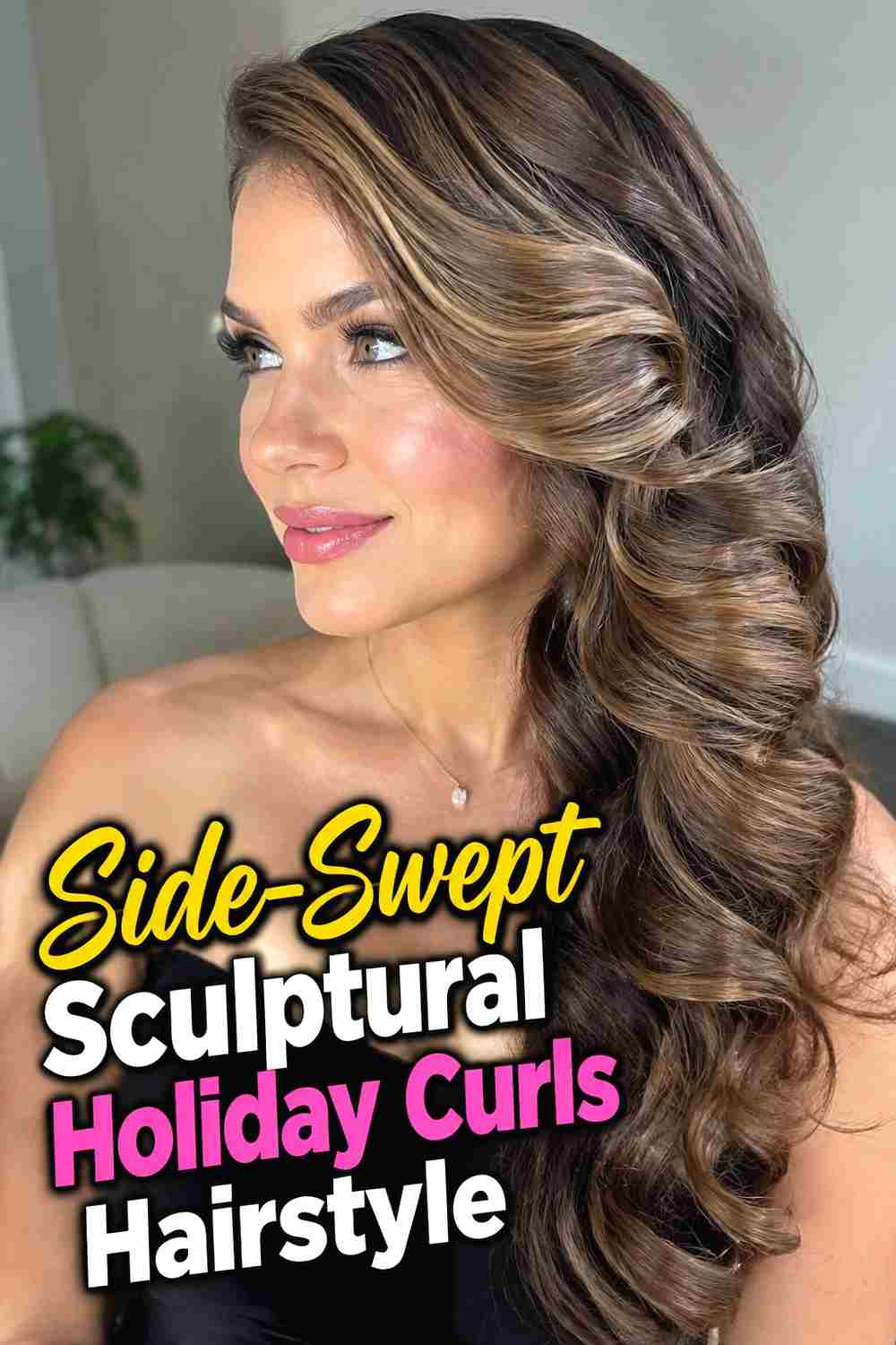 2. Side Swept Sculptural Holiday Curls Hairstyle