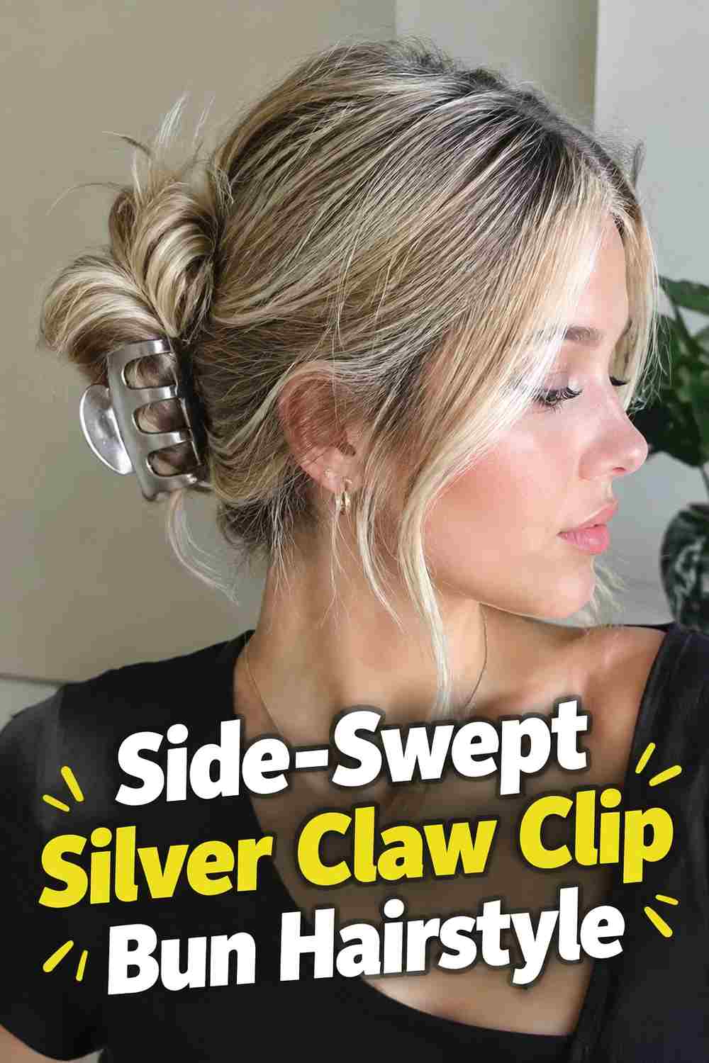 6. Side Swept Silver Claw Clip Bun Hairstyle