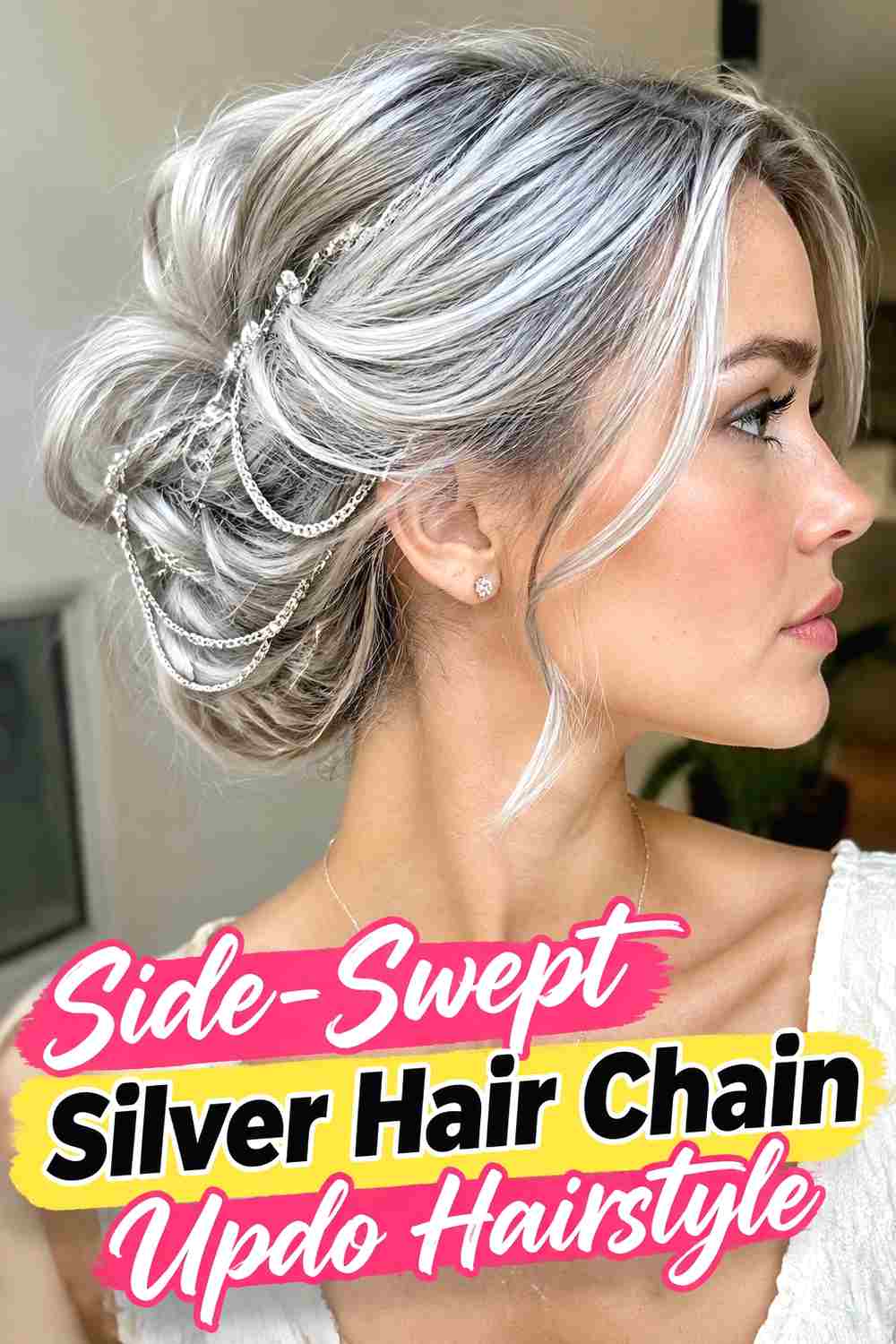 9. Side Swept Silver Hair Chain Updo Hairstyle