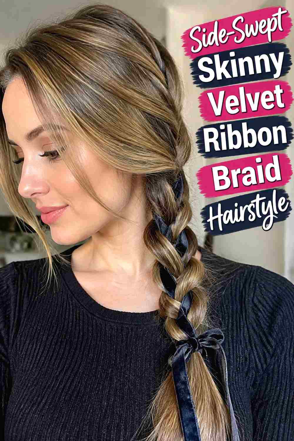 4. Side Swept Skinny Velvet Ribbon Braid Hairstyle