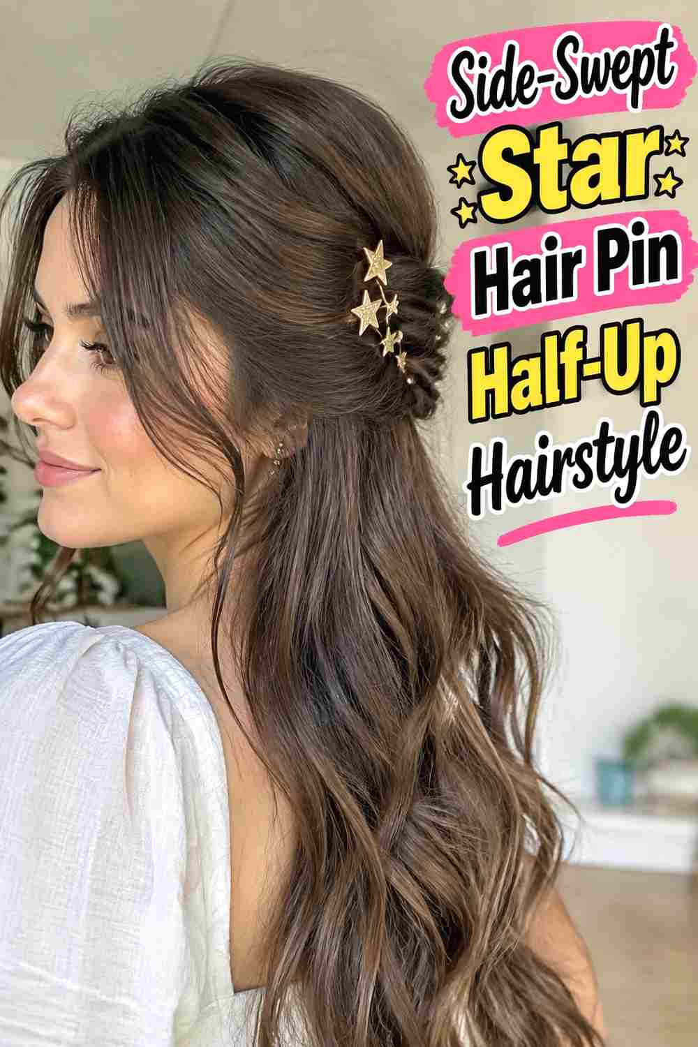 8. Side Swept Star Hair Pin Half Up Hairstyle