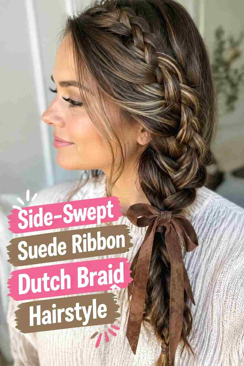 5. Side Swept Suede Ribbon Dutch Braid Hairstyle