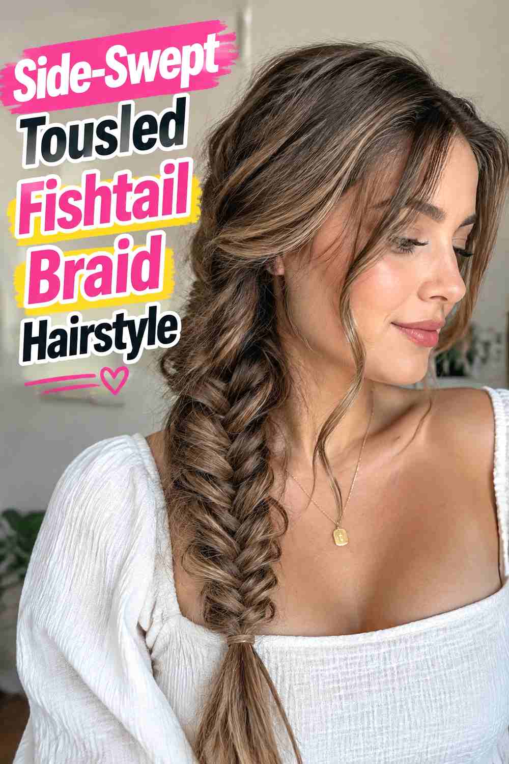 2. Side Swept Tousled Fishtail Braid Hairstyle