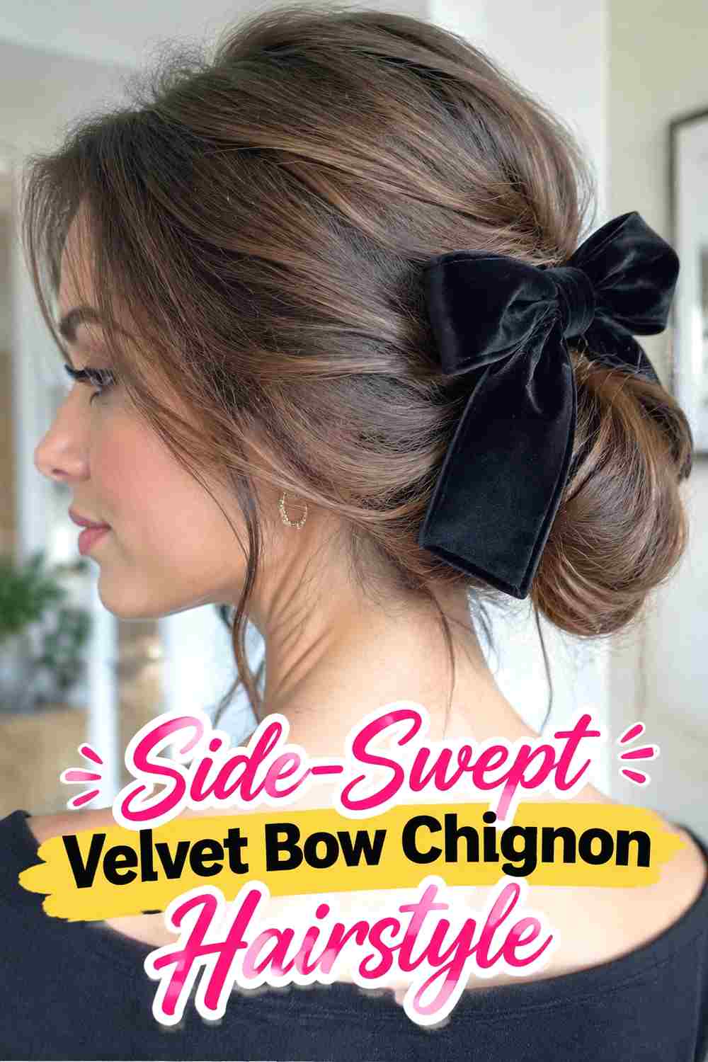 2. Side Swept Velvet Bow Chignon Hairstyle