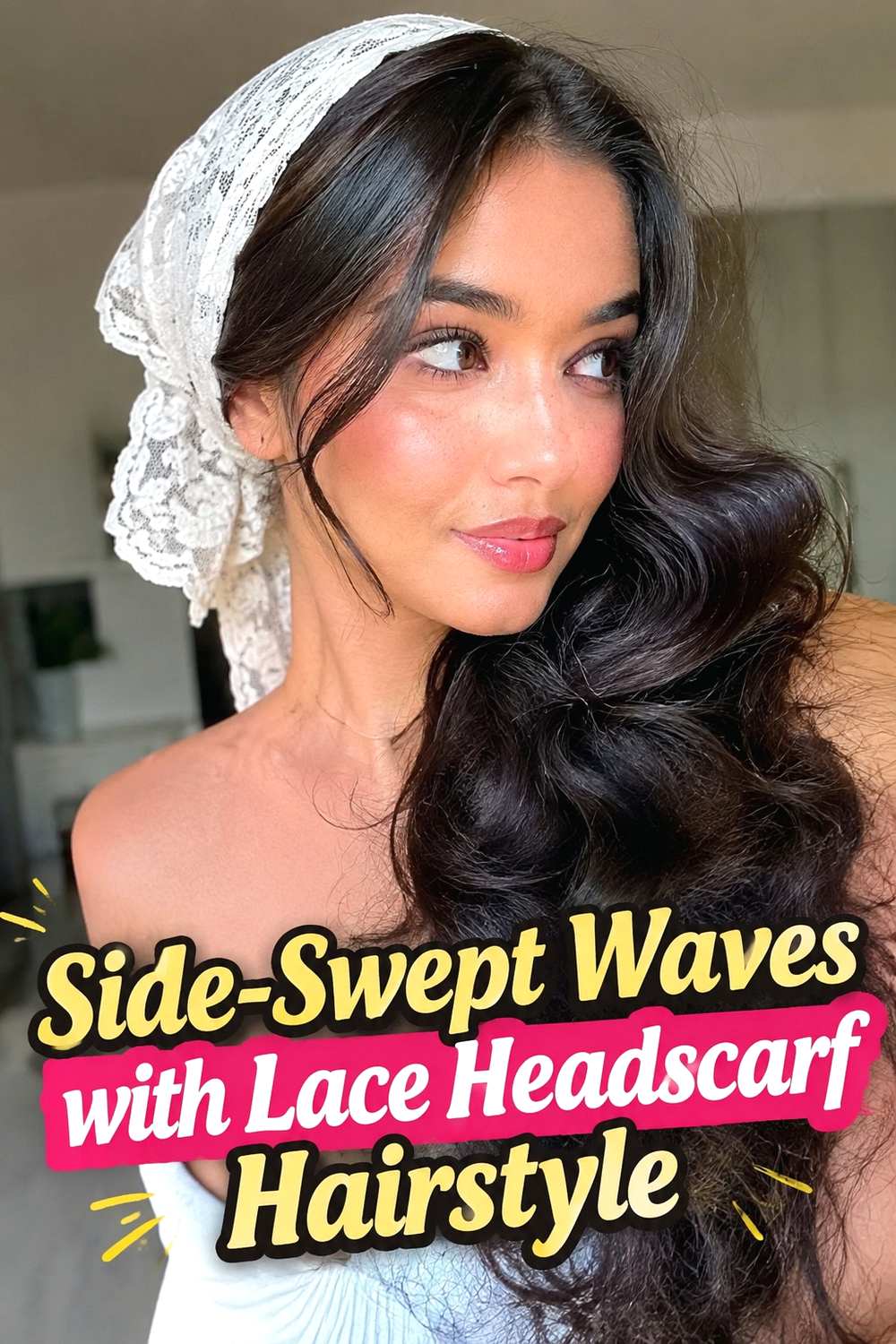 9. Side Swept Waves With Lace Headscarf Hairstyle