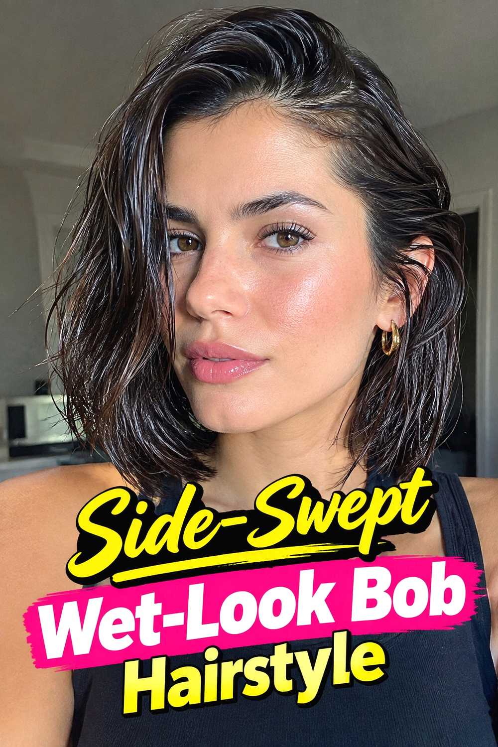 3. Side Swept Wet Look Bob Hairstyle