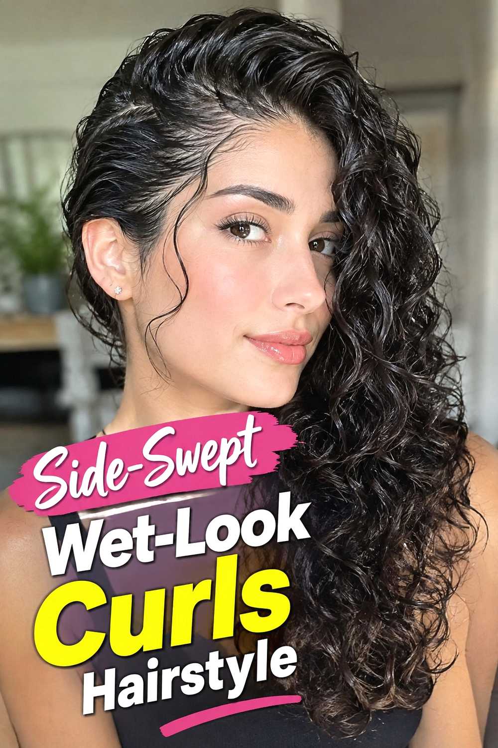 5. Side Swept Wet Look Curls Hairstyle