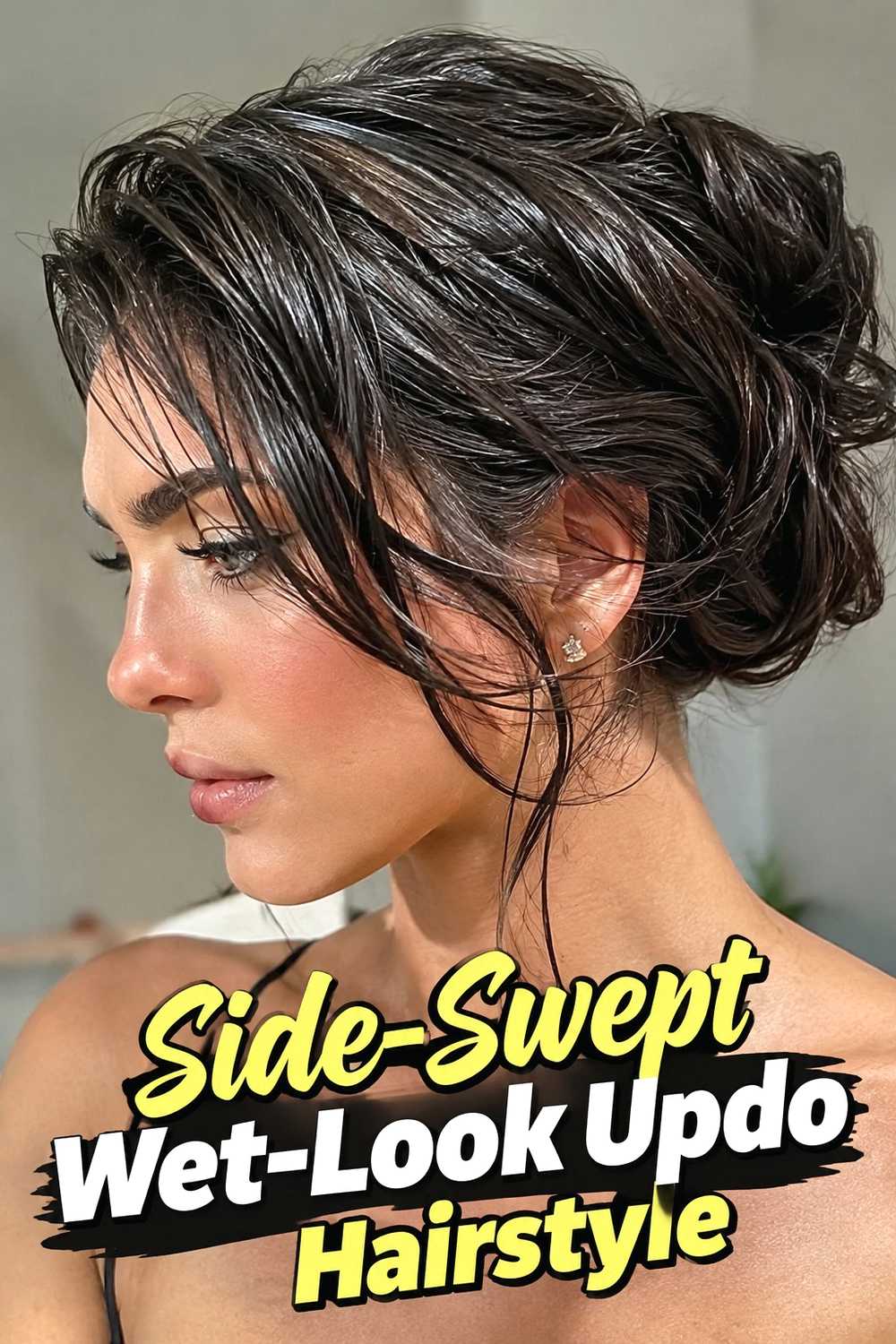 12. Side Swept Wet Look Updo Hairstyle