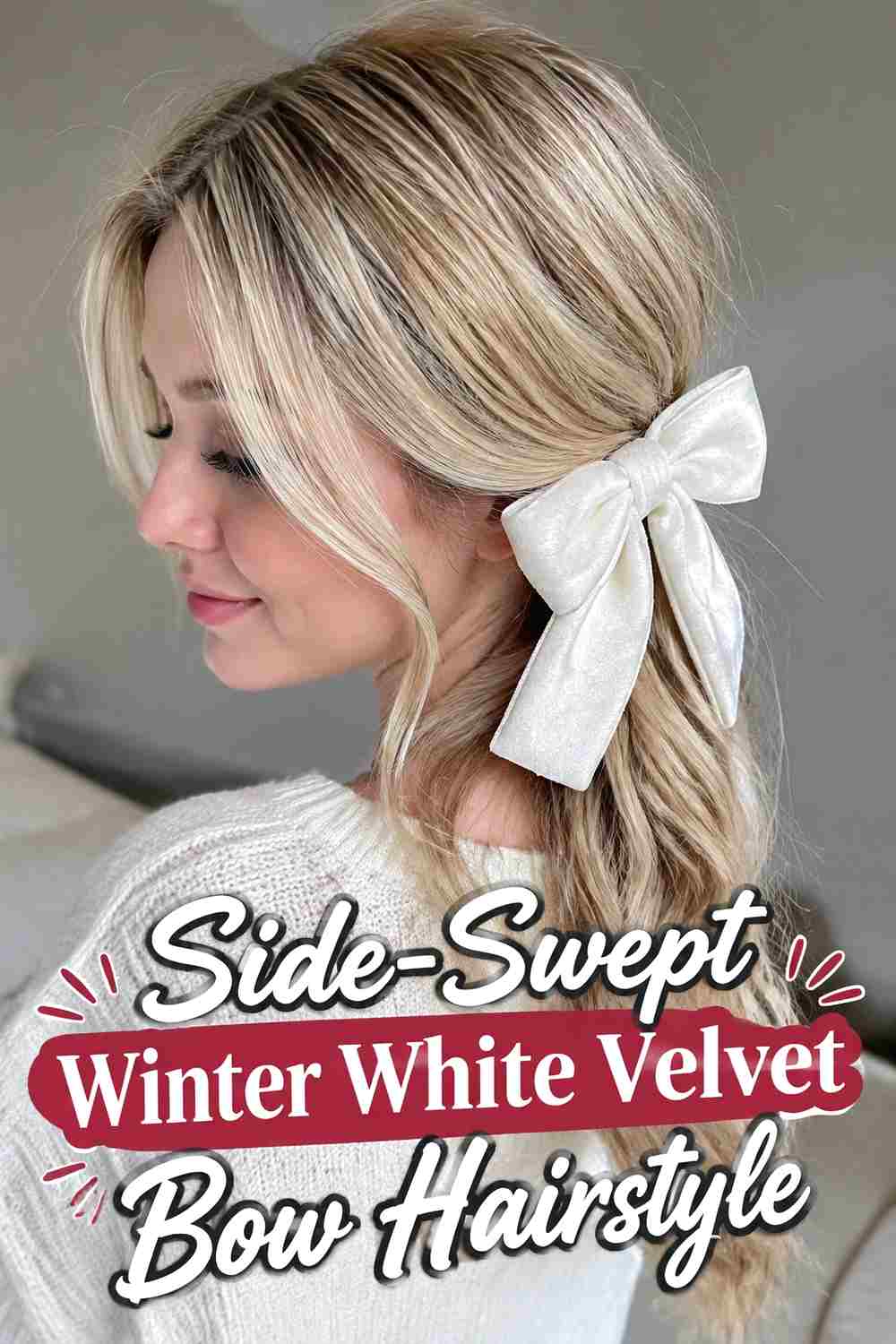 12. Side Swept Winter White Velvet Bow Hairstyle