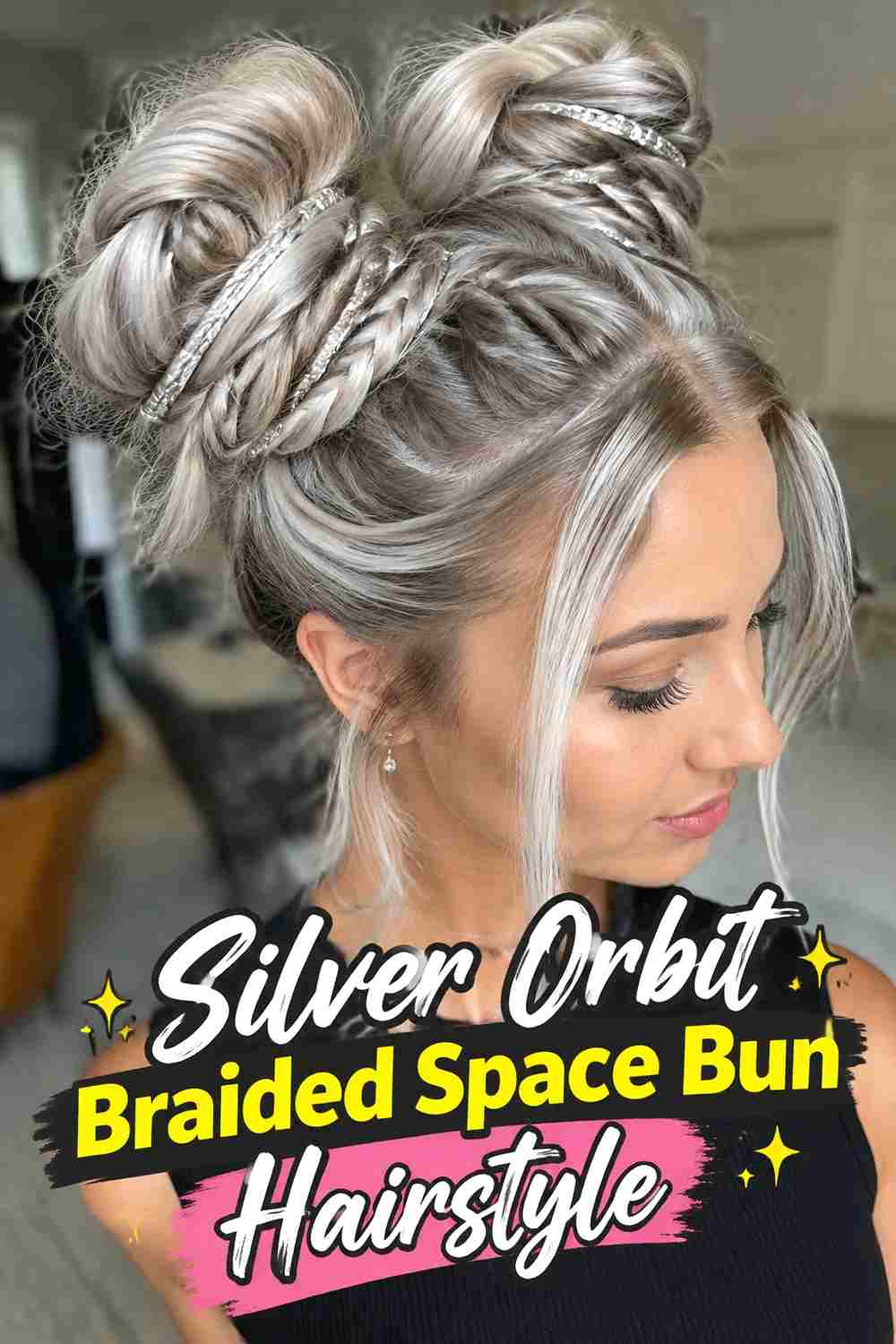 4. Silver Orbit Braided Space Bun Hairstyle