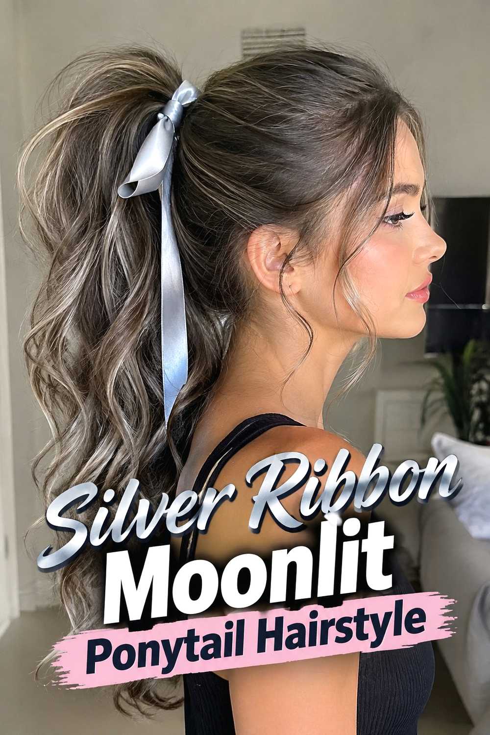 8. Silver Ribbon Moonlit Ponytail Hairstyle