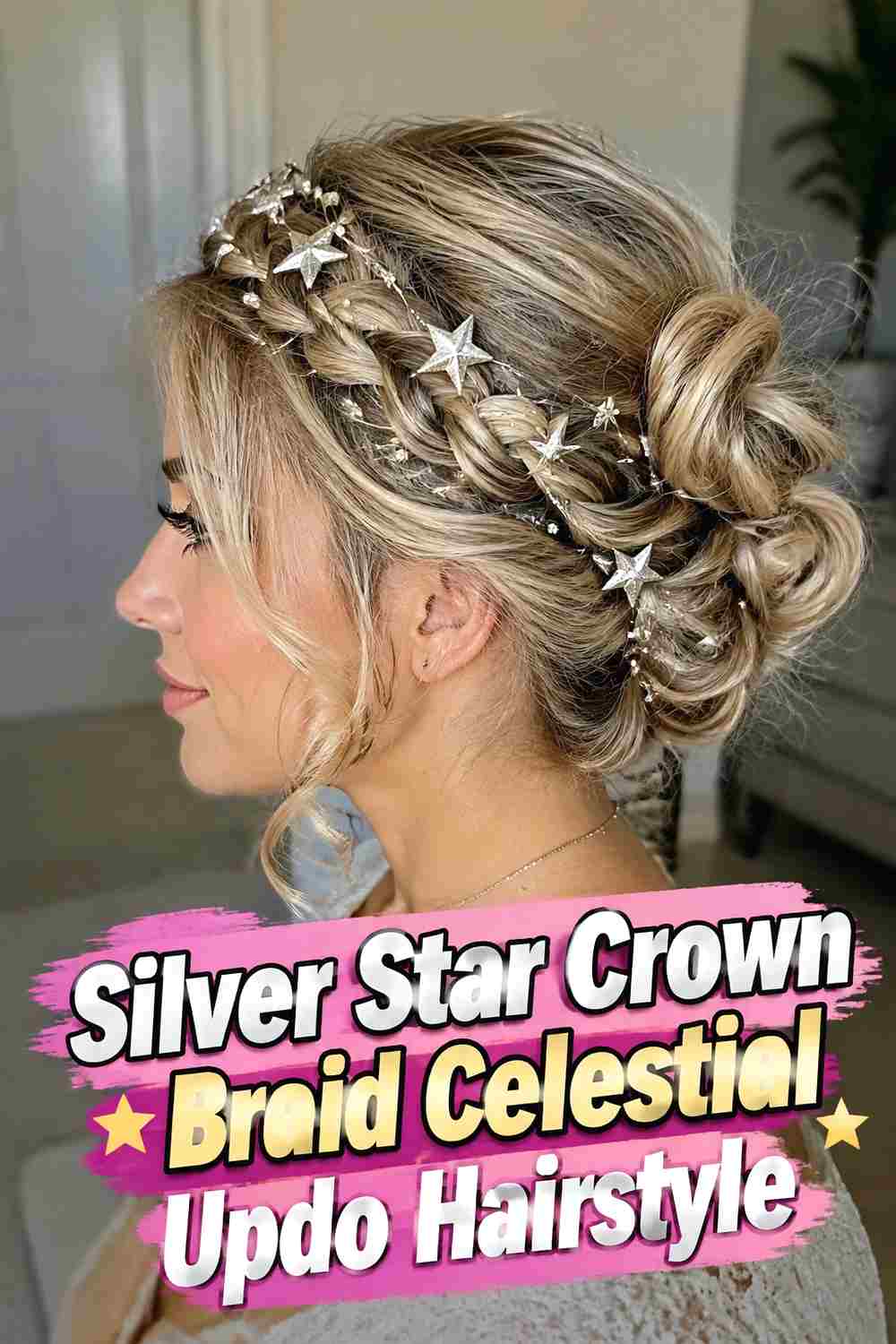 7. Silver Star Crown Braid Celestial Updo Hairstyle