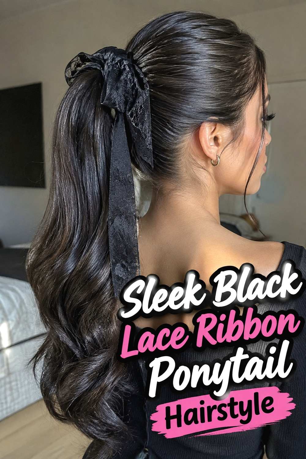 4. Sleek Black Lace Ribbon Ponytail Hairstyle
