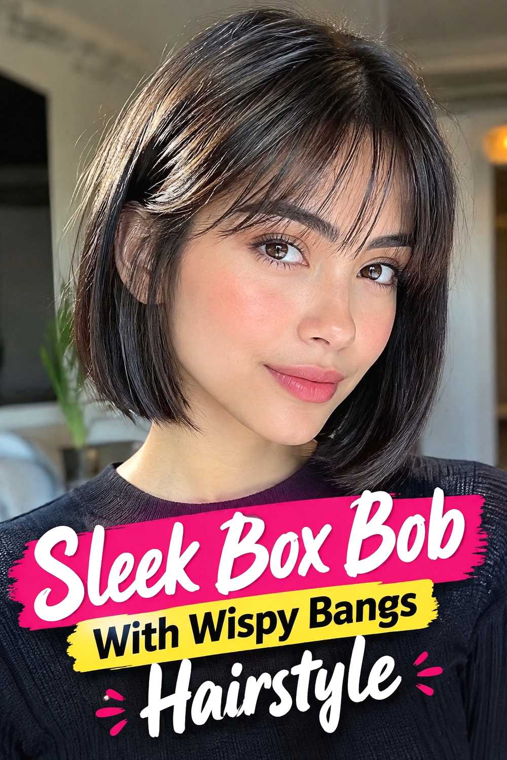 2. Sleek Box Bob With Wispy Bangs Hairstyle
