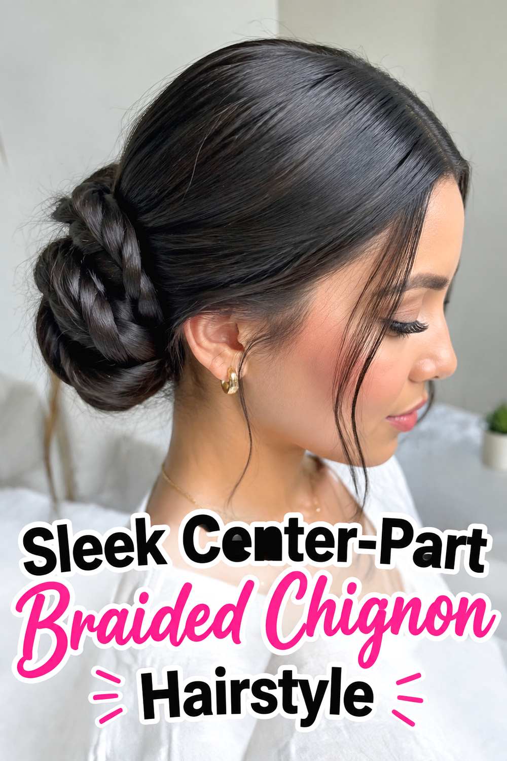 Sleek Center-Part Braided Chignon Hairstyle