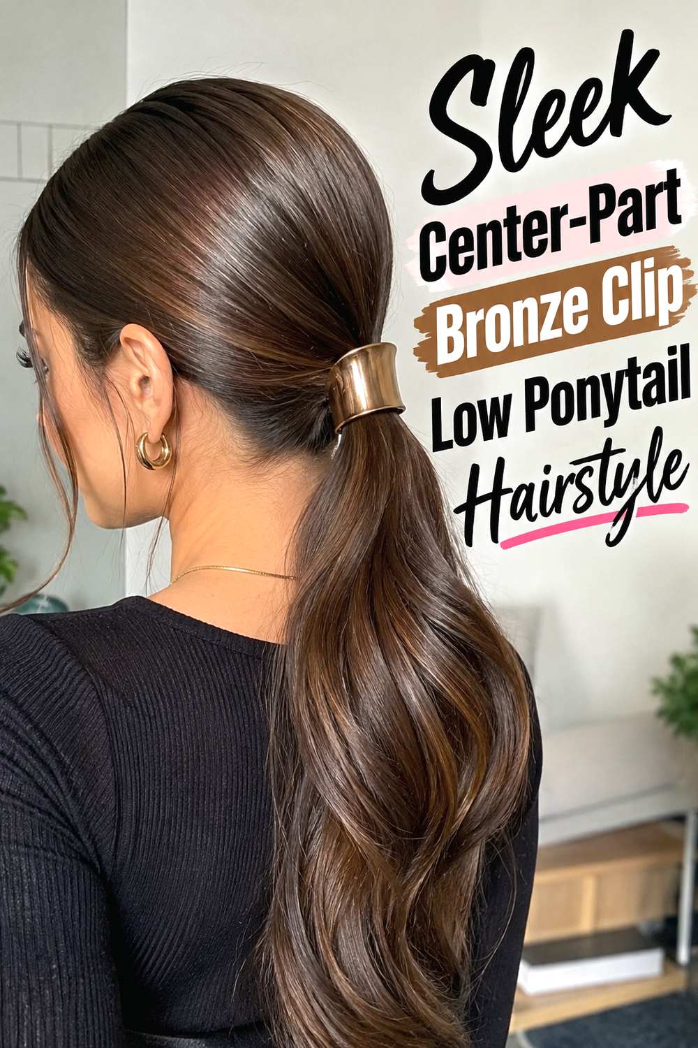 Sleek Center-Part Bronze Clip Low Ponytail Hairstyle