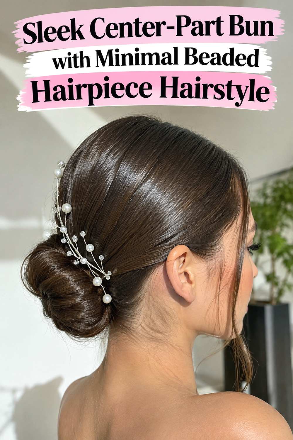 Sleek Center-Part Bun with Minimal Beaded Hairpiece Hairstyle