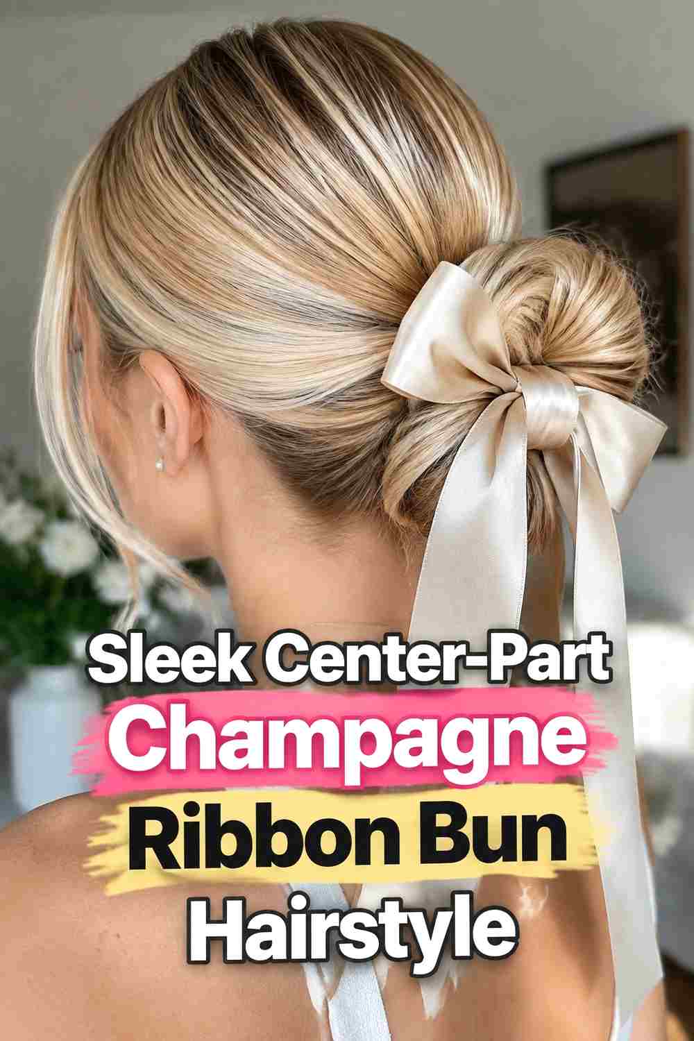 2. Sleek Center Part Champagne Ribbon Bun Hairstyle
