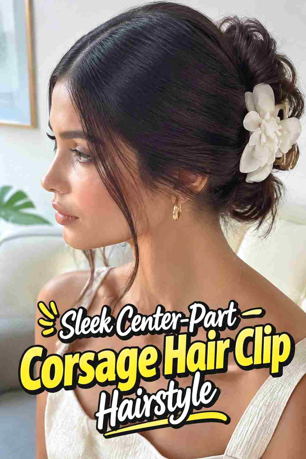 6. Sleek Center Part Corsage Hair Clip Hairstyle