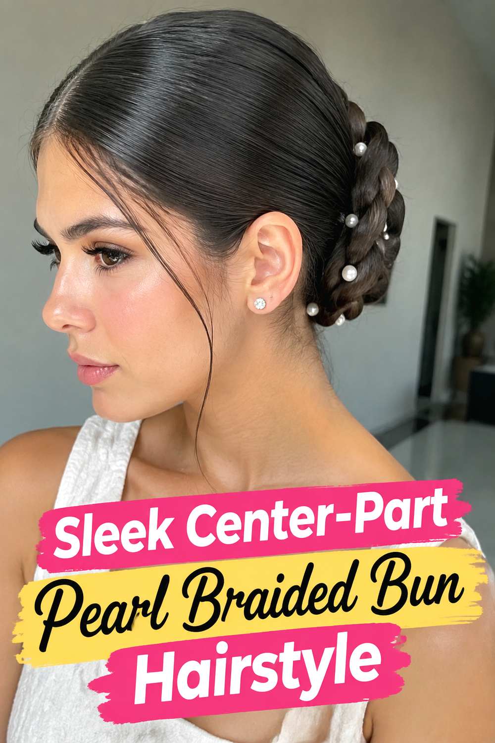 Sleek Center-Part Pearl Braided Bun Hairstyle