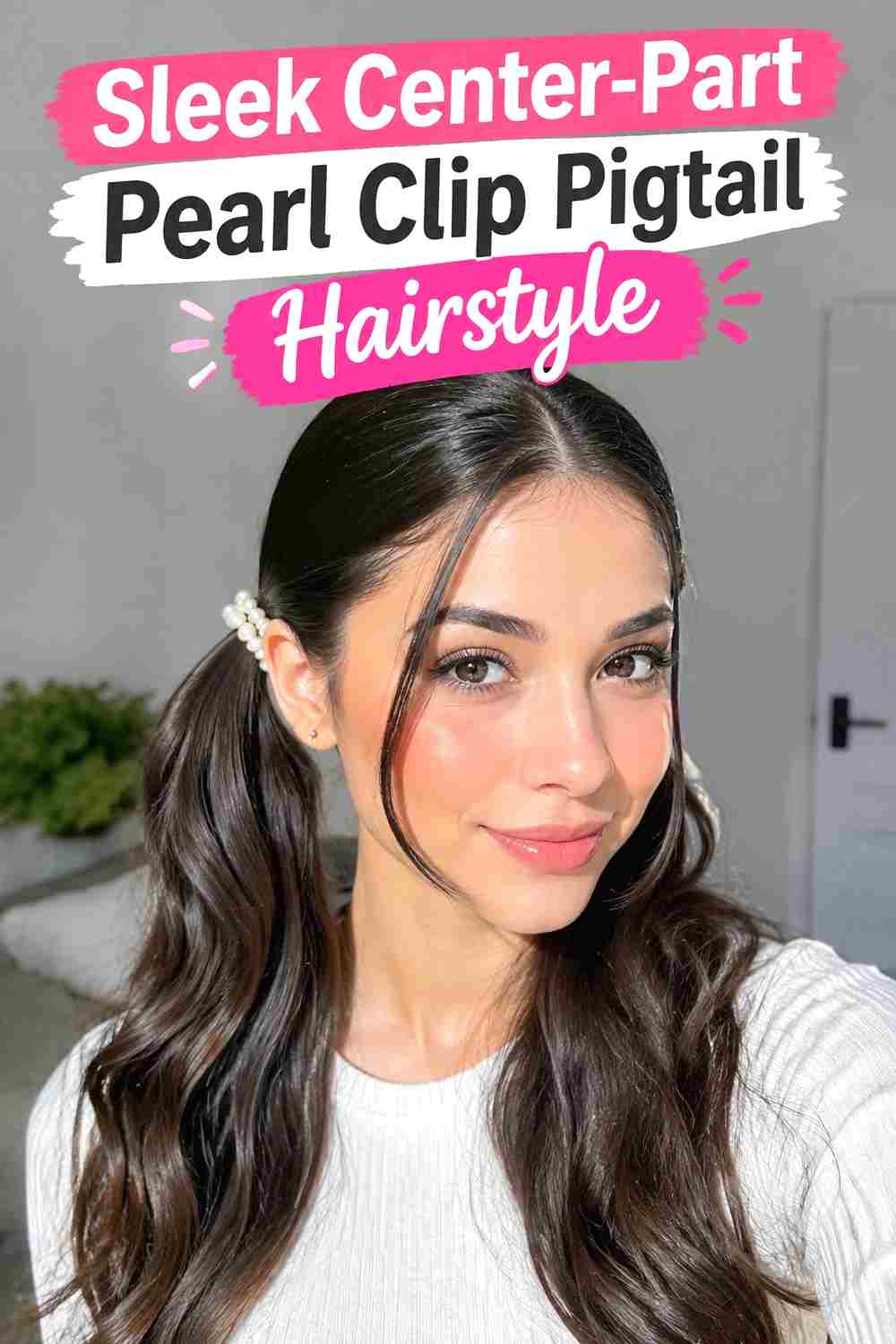 8. Sleek Center Part Pearl Clip Pigtail Hairstyle