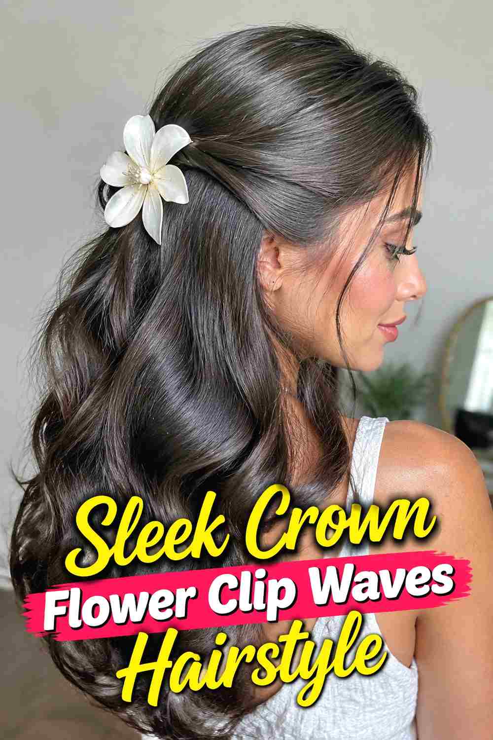 18. Sleek Crown Flower Clip Waves Hairstyle