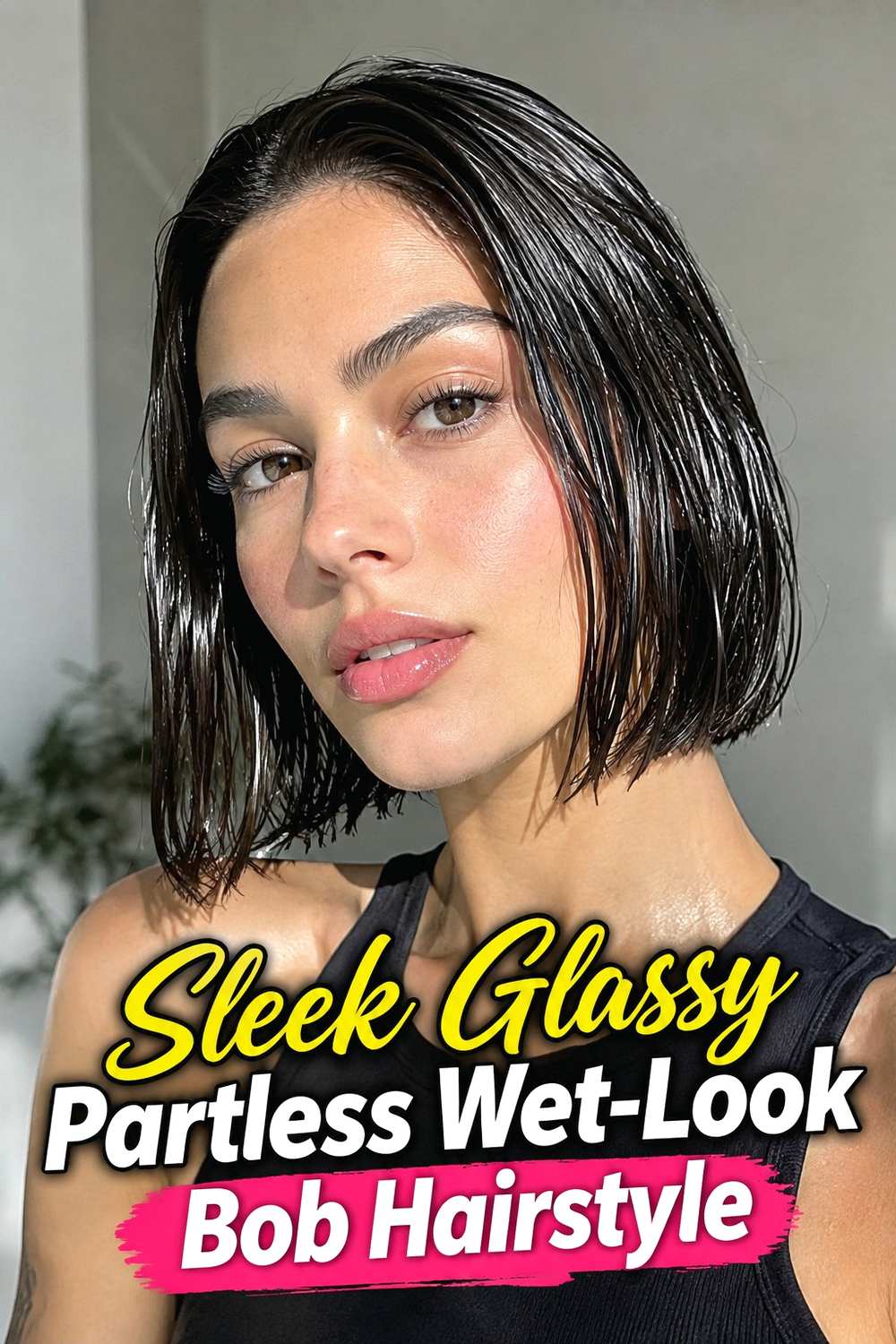 1. Sleek Glassy Partless Wet Look Bob Hairstyle
