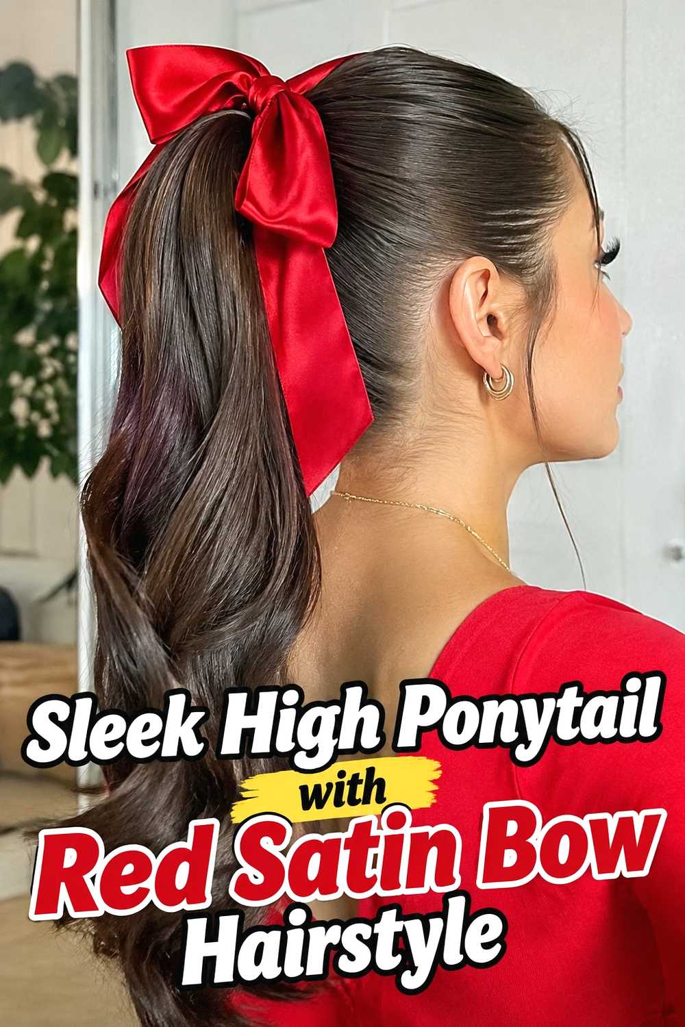 1. Sleek High Ponytail With Red Satin Bow Hairstyle