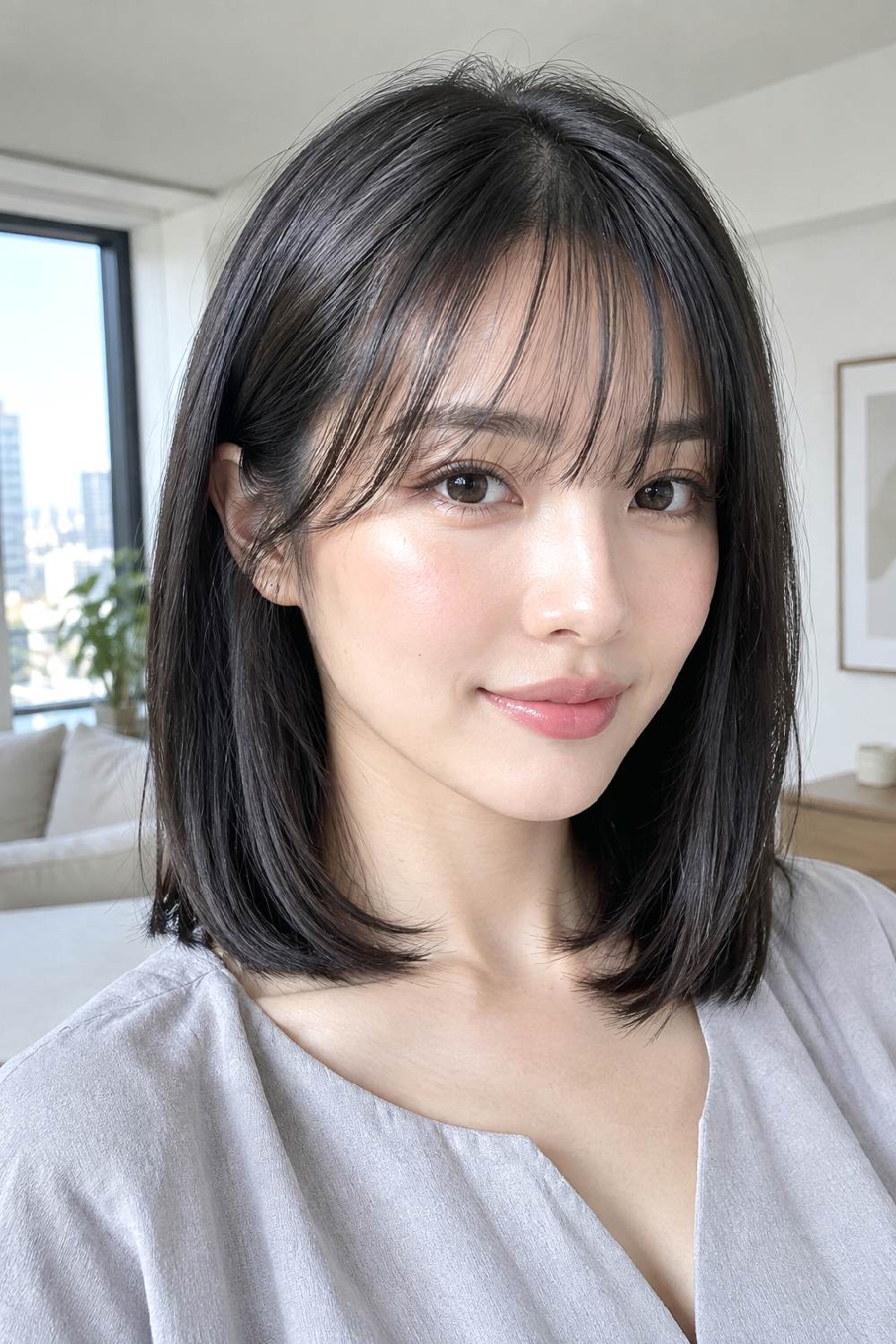 Sleek Lob French Wispy Bangs Hairstyle