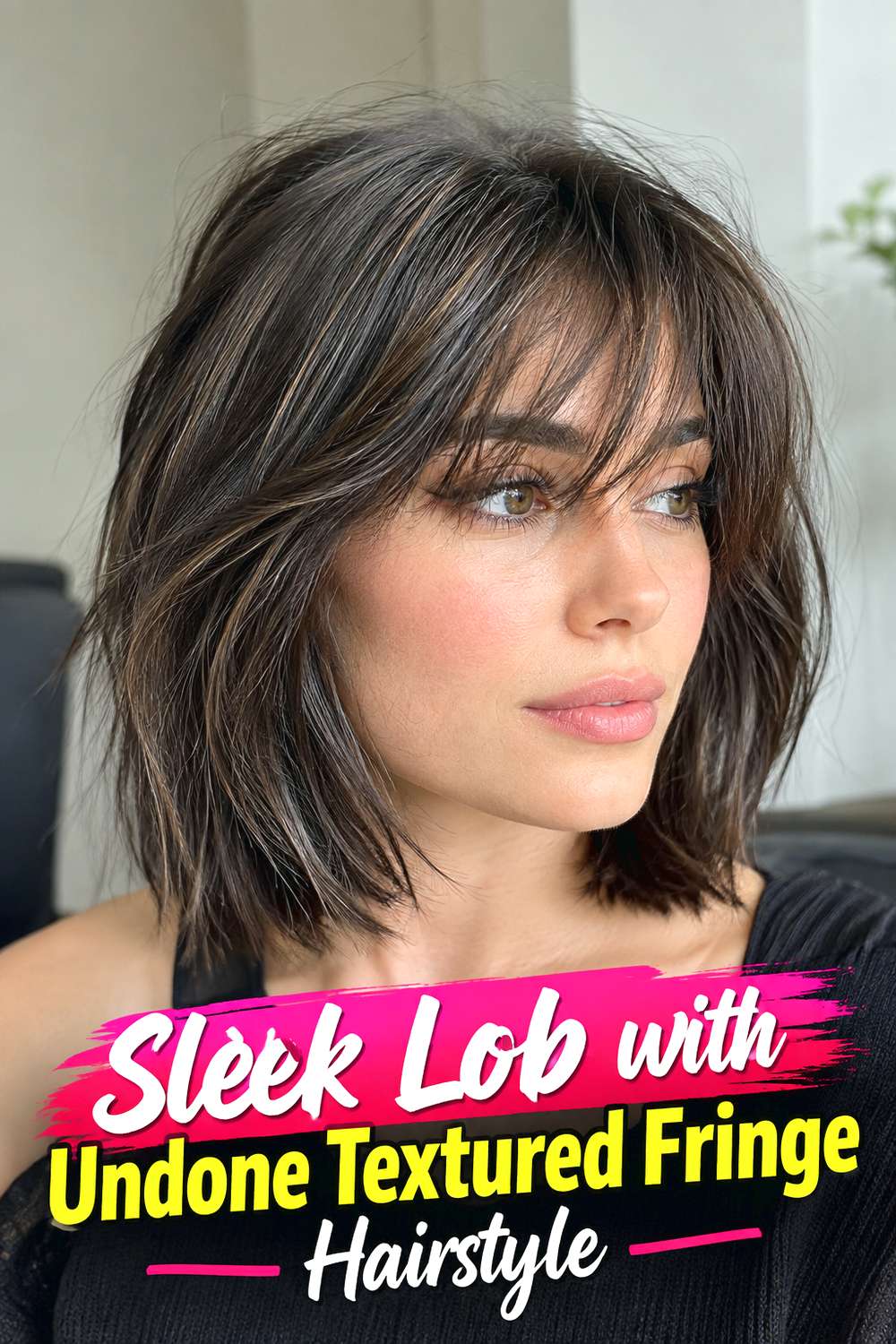 Sleek Lob with Undone Textured Fringe Hairstyle