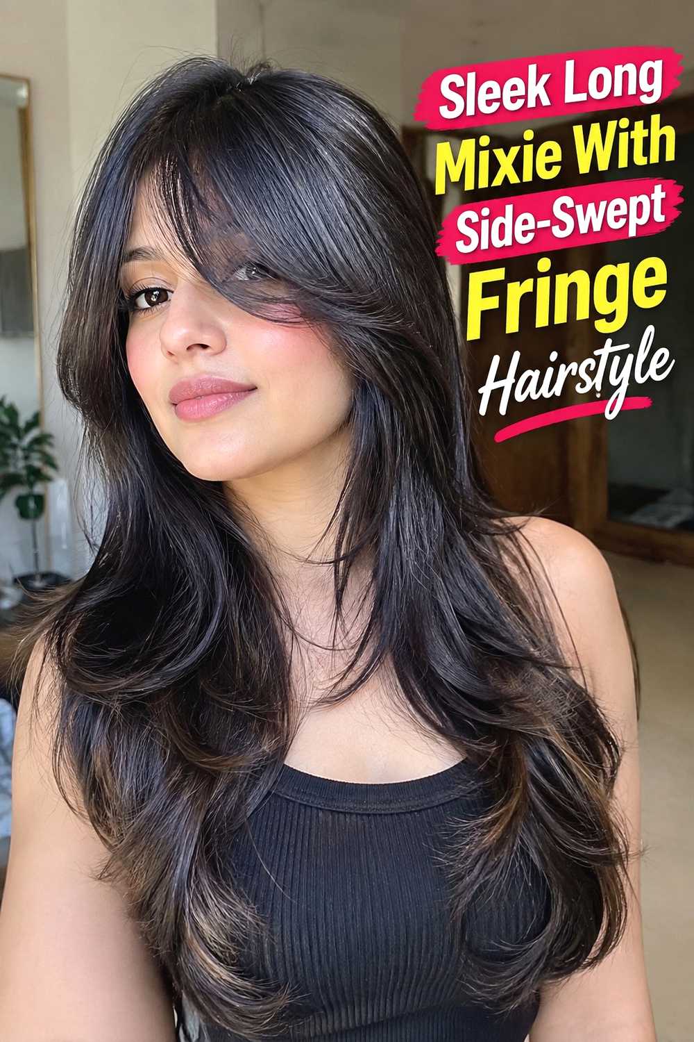 5. Sleek Long Mixie With Side Swept Fringe Hairstyle