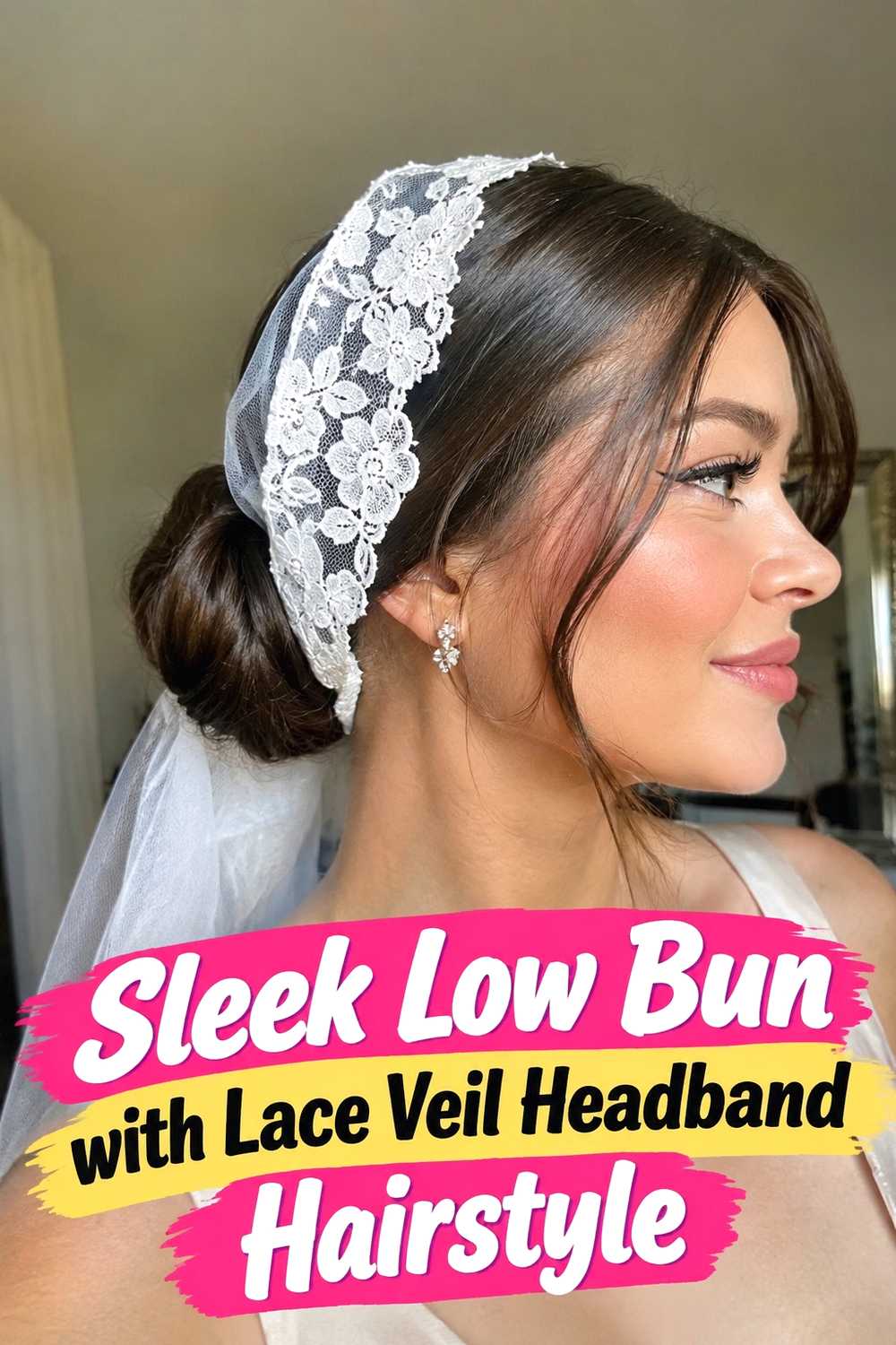 2. Sleek Low Bun With Lace Veil Headband Hairstyle