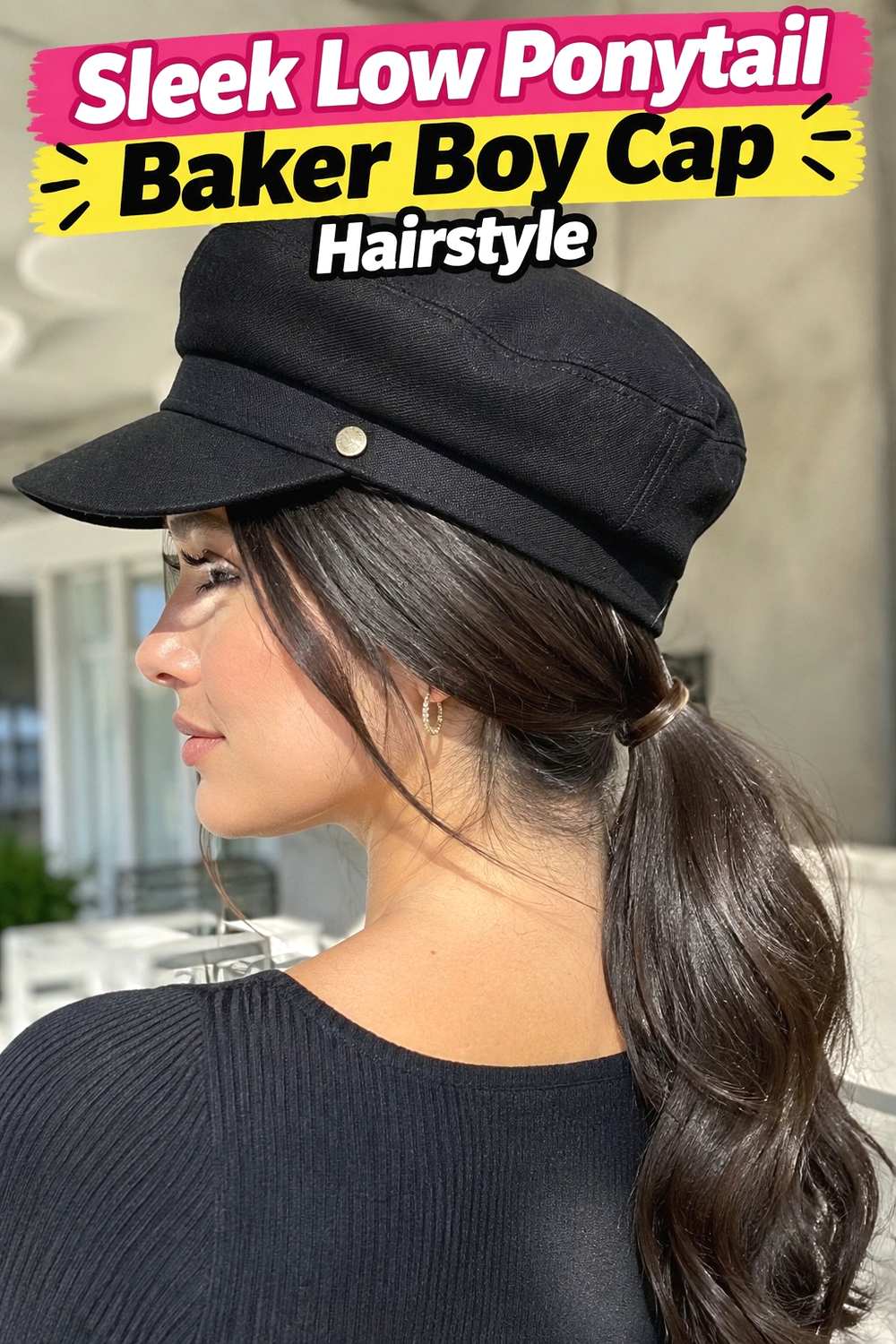 2. Sleek Low Ponytail Baker Boy Cap Hairstyle