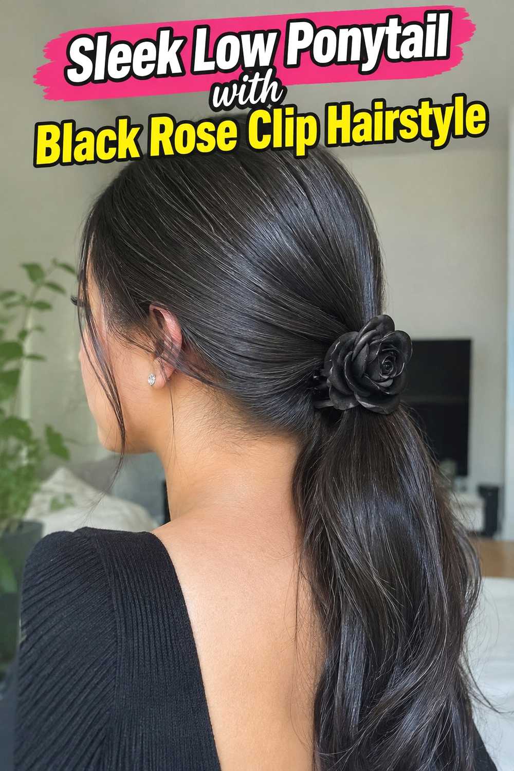 4. Sleek Low Ponytail With Black Rose Clip Hairstyle