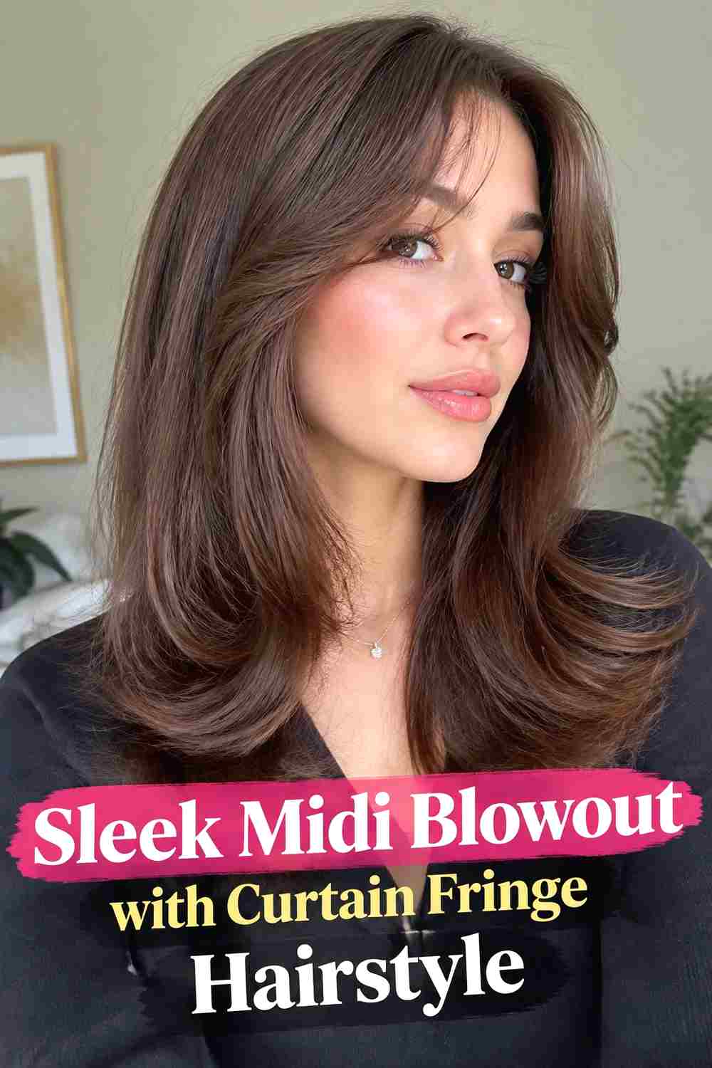 12. Sleek Midi Blowout With Curtain Fringe Hairstyle