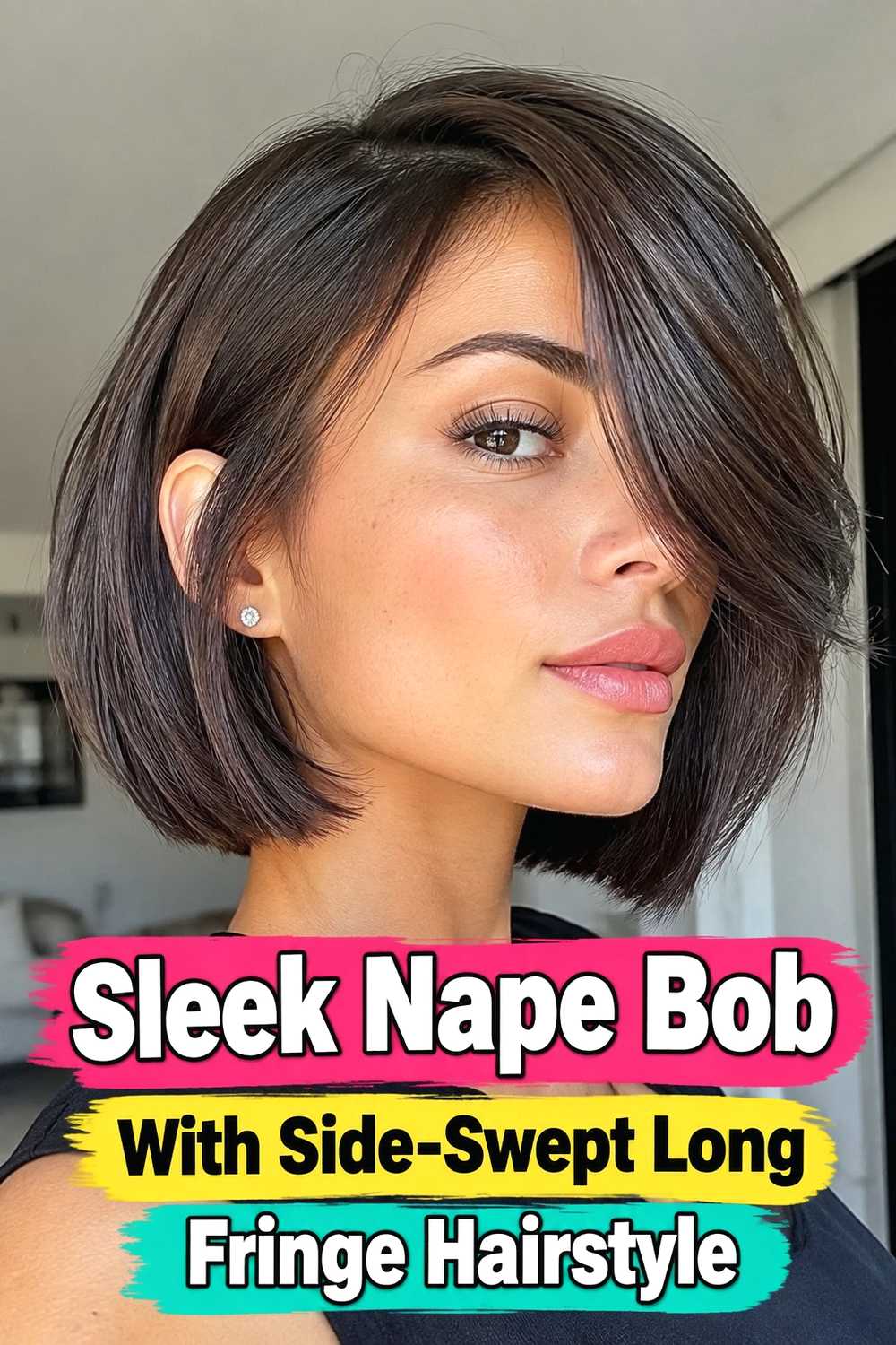 2. Sleek Nape Bob With Side Swept Long Fringe Hairstyle