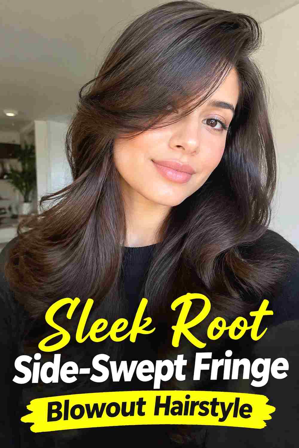 7. Sleek Root Side Swept Fringe Blowout Hairstyle
