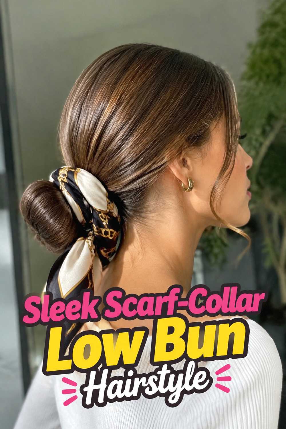 1. Sleek Scarf Collar Low Bun Hairstyle
