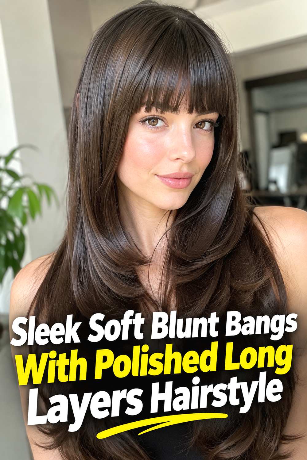 3. Sleek Soft Blunt Bangs With Polished Long Layers Hairstyle