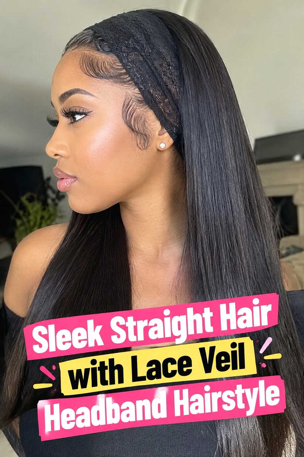13. Sleek Straight Hair With Lace Veil Headband Hairstyle