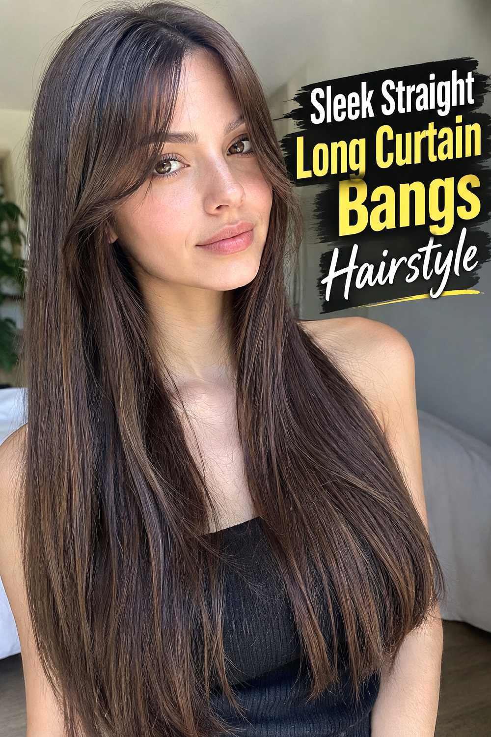 Sleek Straight Long Curtain Bangs Hairstyle