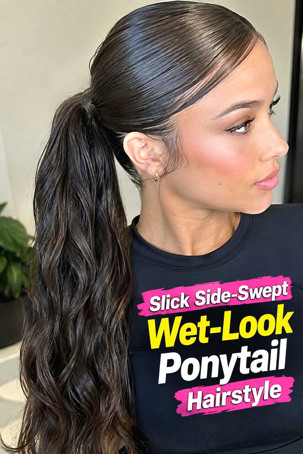 2. Slick Side Swept Wet Look Ponytail Hairstyle