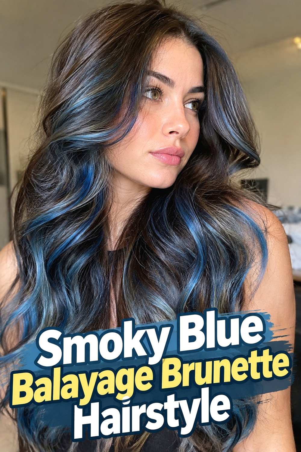 3. Smoky Blue Balayage Brunette Hairstyle