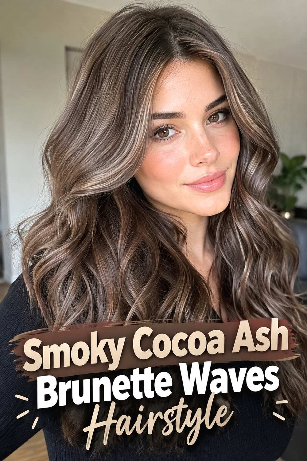 3. Smoky Cocoa Ash Brunette Waves Hairstyle