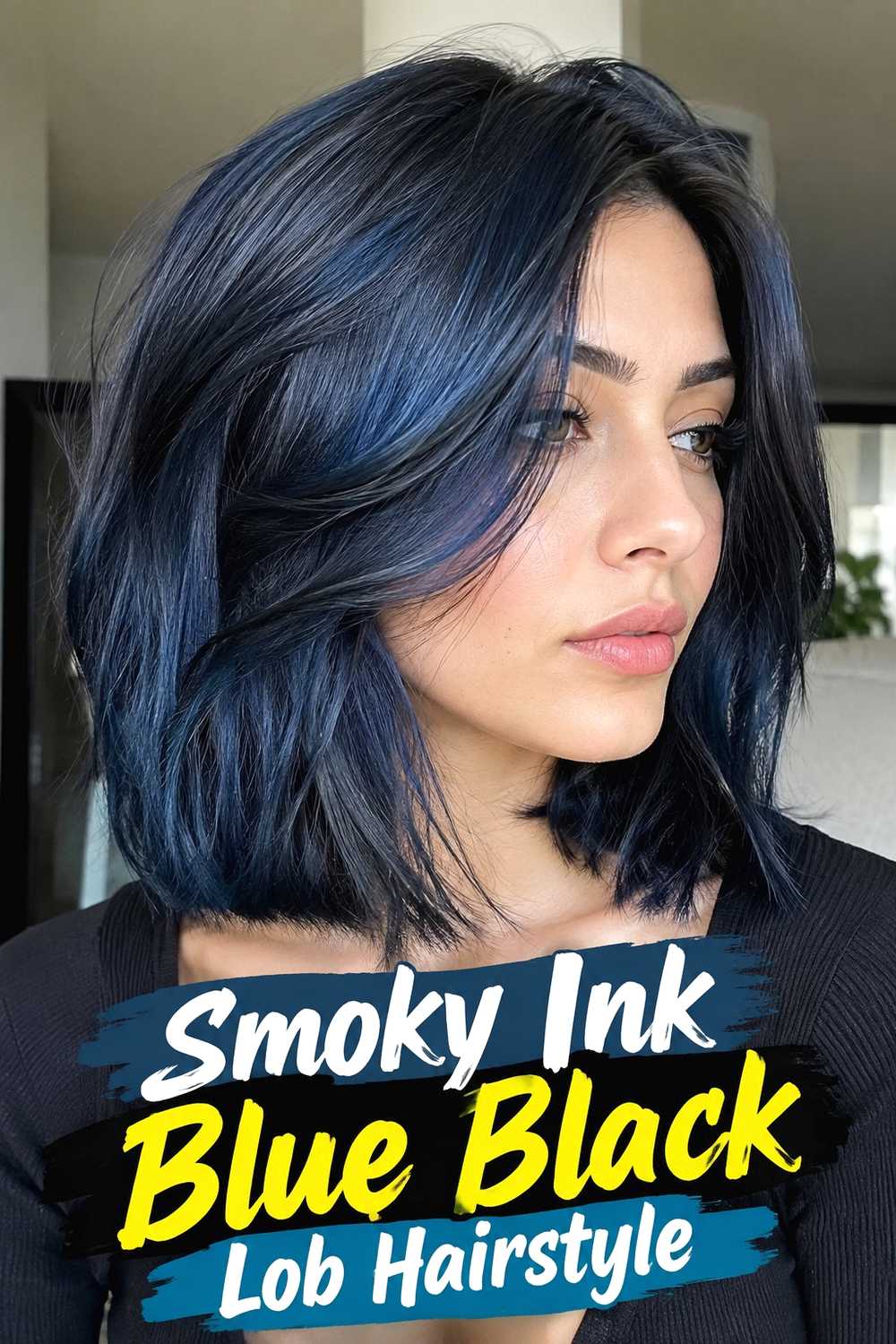 7. Smoky Ink Blue Black Lob Hairstyle
