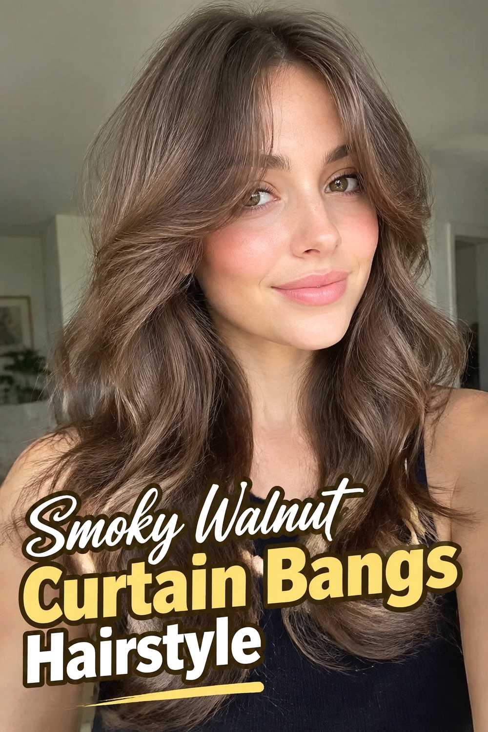 12. Smoky Walnut Curtain Bangs Hairstyle
