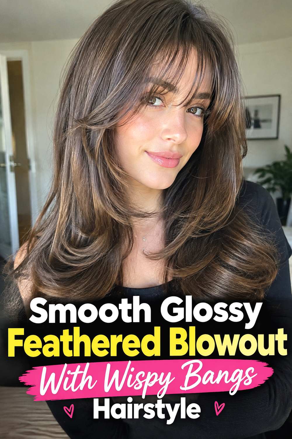 Smooth Glossy Feathered Blowout With Wispy Bangs Hairstyle