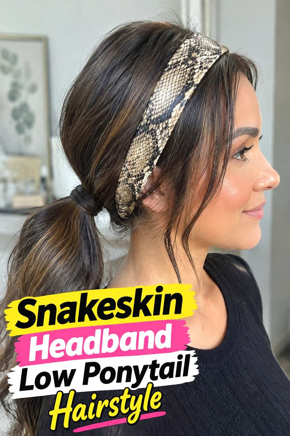 9. Snakeskin Headband Low Ponytail Hairstyle
